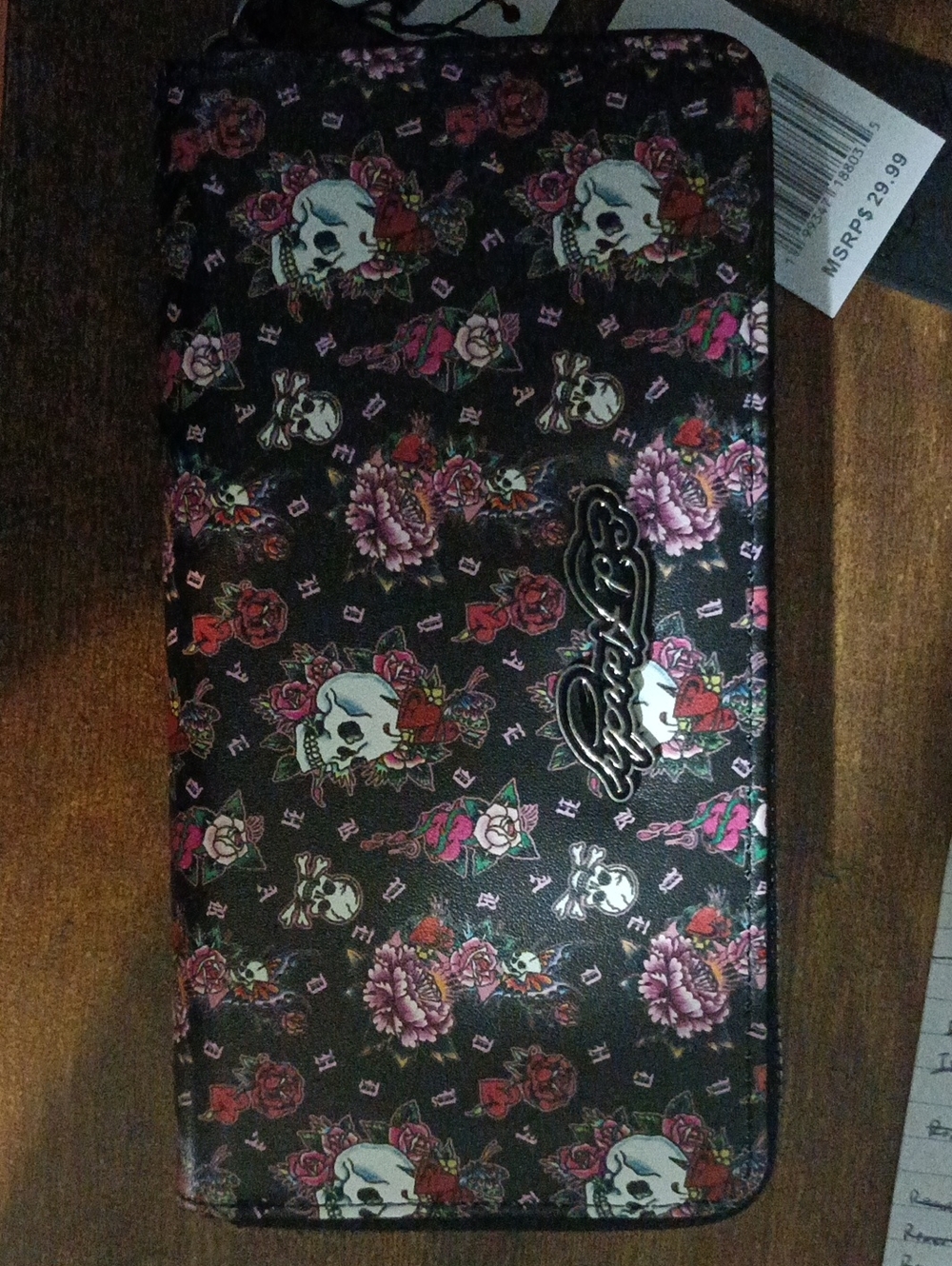 Ed Hardy Black Floral Skull Zip-Around Wallet with Pink Accents